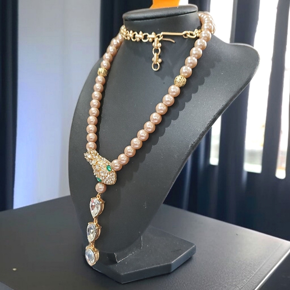 Luxury Champagne Pearl Snake Serpent Crystal Drop Necklace - Picture 2 of 4